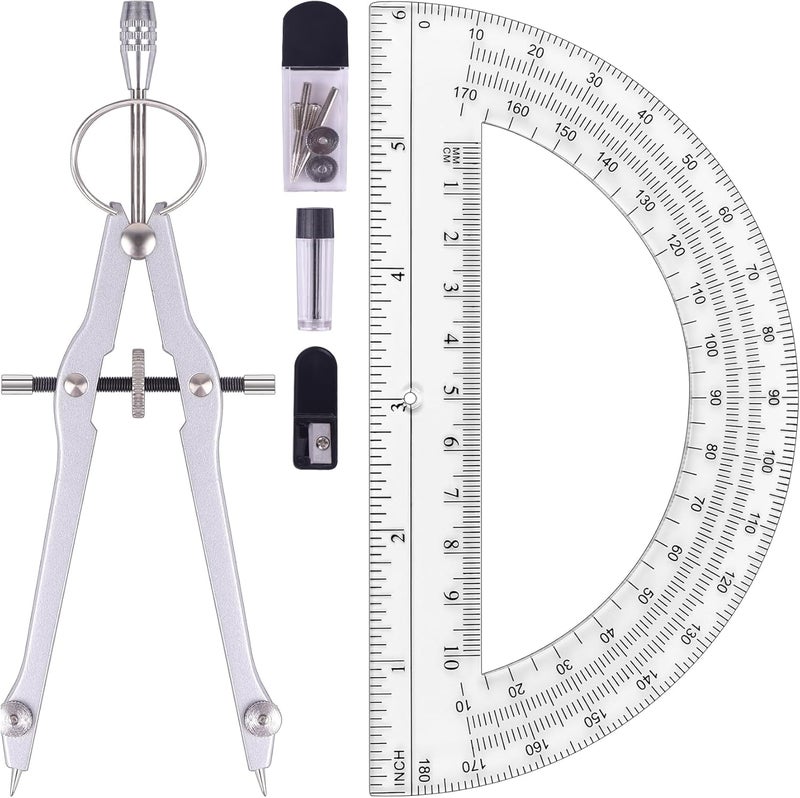 Unjoo Compass and Protractor Set, Professional Drawing Compass Tool, Metal Compass with Extra Refills, Compass for Geometry and 6 Inch Math Protractors 180 Degree (Silver) - Image 1